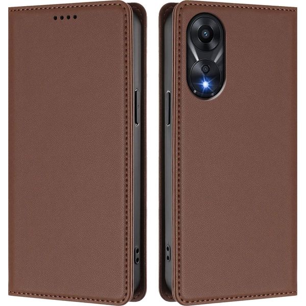 Custodia In Pelle Per Oppo A78 4G, Custodia Magnetica In Finto Cuoio Con Supporto Marrone-image
