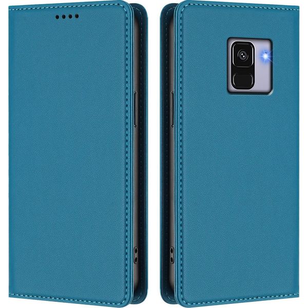 Custodia In Pelle Per Samsung Galaxy A8 2018, Flip Case Magnetico In Finto Cuoio Con Supporto Lake Blu-image