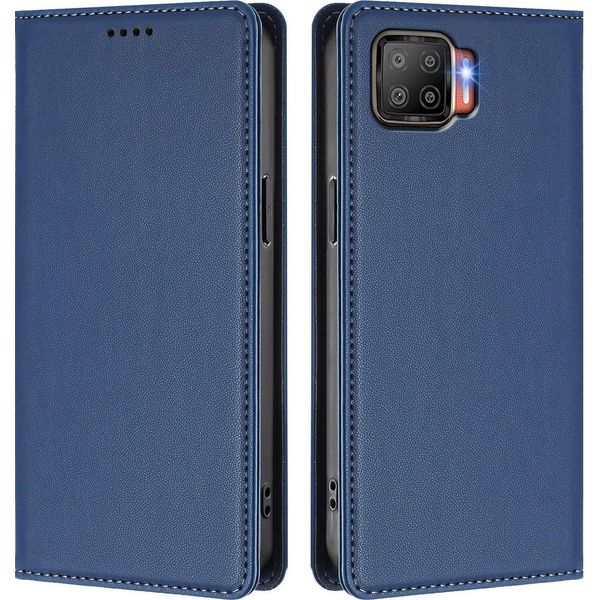 Custodia Per Telefono Cellulare Per Oppo F17, Flip Cover In Finto Cuoio Antiurto Magnetica Con Supporto Blu Scuro-image