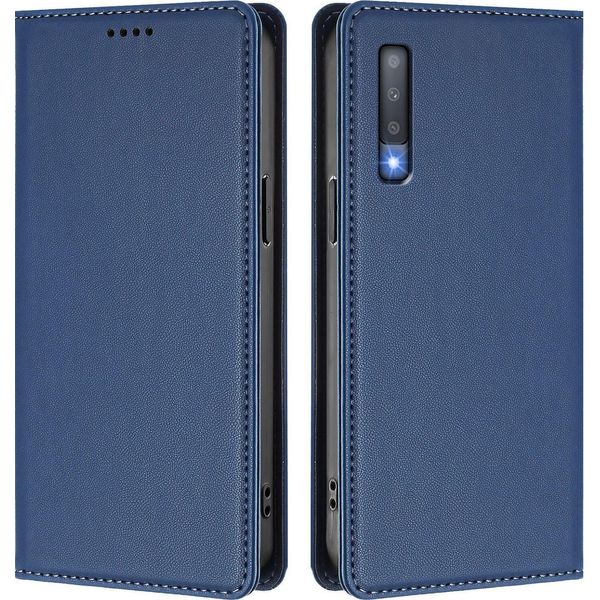 Custodia In Pelle Per Samsung Galaxy A7 2018, Flip Case Magnetico In Finto Cuoio Con Supporto Blu Scuro-image
