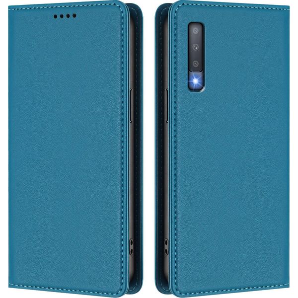 Custodia In Pelle Per Samsung Galaxy A7 2018, Flip Case Magnetico In Finto Cuoio Con Supporto Lake Blu-image