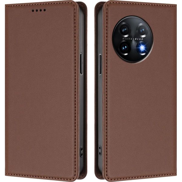 Custodia Per Telefono Cellulare Per Oneplus 11, Flip Cover In Finto Cuoio Antiurto Magnetica Con Supporto Marrone-image