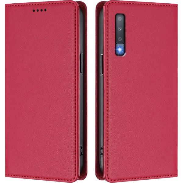 Custodia Per Telefono Cellulare Per Samsung Galaxy A7 2018,Poliuretanopelle Flip Cover Antiurto Magnetico Con Supporto Rosso-image