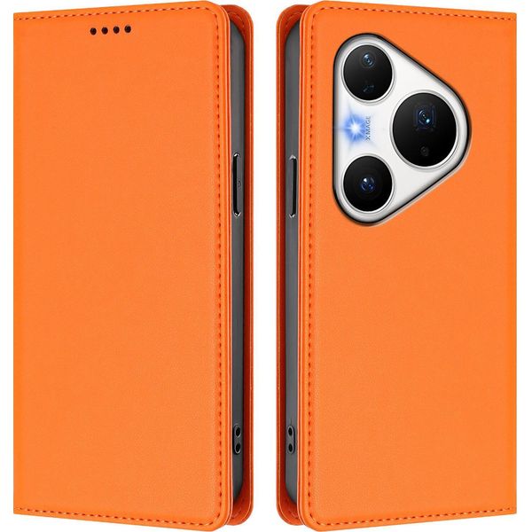 Custodia In Pelle Per Huawei Pura 80 Pro/Pura 80 Pro+, Custodia Flip Magnetica In Finto Cuoio Con Supporto Arancione-image