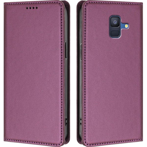 Custodia In Pelle Per Samsung Galaxy A6 2018, Flip Case Magnetico In Finto Cuoio Con Supporto Viola-image