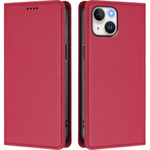 Custodia In Pelle Per Iphone 15, Flip Case Magnetico In Finto Cuoio Con Supporto Rosso-image