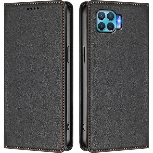 Custodia In Pelle Per Oppo F17 Pro, Flip Case Magnetico In Finto Cuoio Con Supporto Nero-image