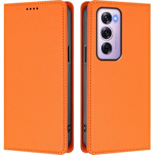 Custodia In Pelle Per Oppo Reno12 Pro 5G, Custodia Flip Magnetica In Finto Cuoio Con Supporto Arancione-image