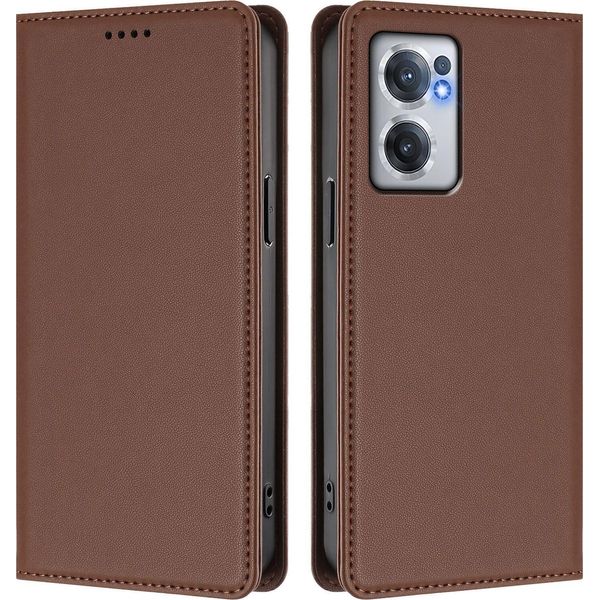 Custodia In Pelle Per Oneplus Nord Ce 2 5G, Custodia Magnetica In Finto Cuoio Con Supporto Marrone-image