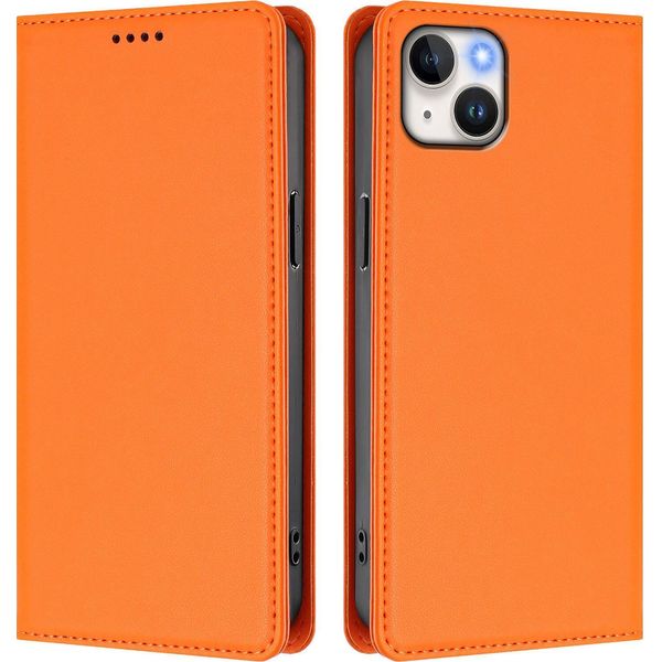 Custodia Per Iphone 15 Plus, Flip Cover In Finto Cuoio Antiurto Magnetica Con Supporto Arancione-image