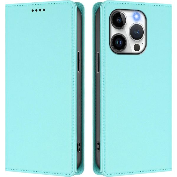 Custodia Per Iphone 15 Pro, Flip Case In Finto Cuoio Custodia Magnetica Antiurto Con Supporto Turchese-image
