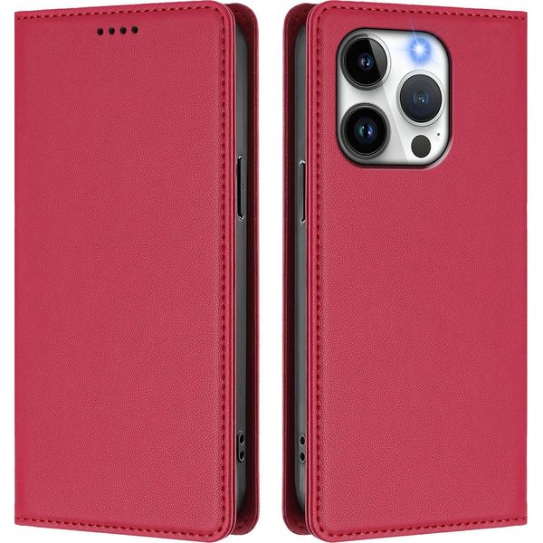 Custodia In Pelle Per Iphone 14 Pro, Flip Case Magnetico In Finto Cuoio Con Supporto Rosso-image