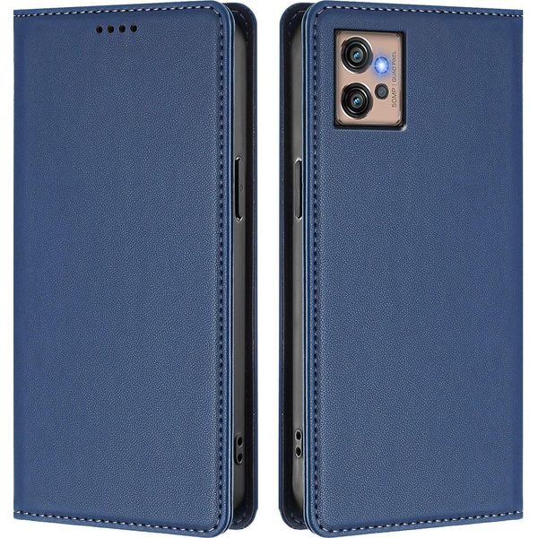 Custodia Per Motorola Moto G32, Flip Cover In Finto Cuoio Antiurto Magnetica Con Supporto Blu Scuro-image
