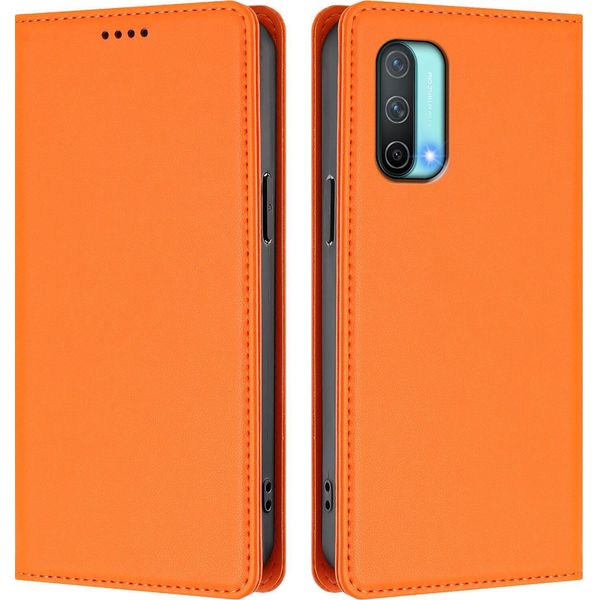 Custodia In Pelle Per Oneplus Nord Ce 5G, Custodia Flip Magnetica In Finto Cuoio Con Supporto Arancione-image