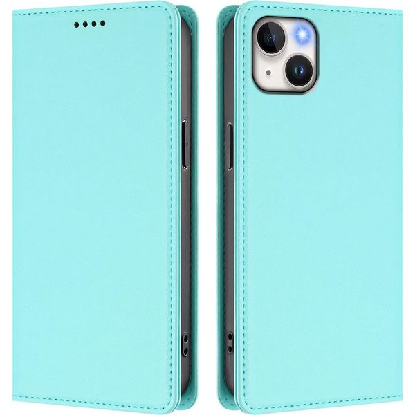 Custodia Per Iphone 14 Plus, Flip Cover In Finto Cuoio Antiurto Magnetica Con Supporto Turchese-image