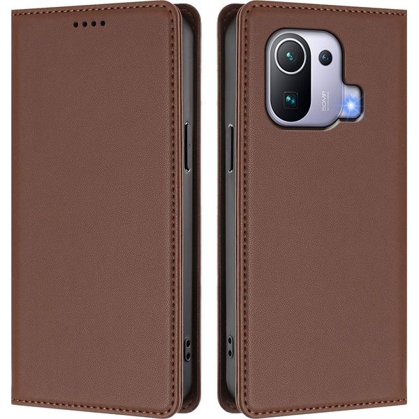 Custodia In Pelle Per Xiaomi Mi 11 Pro, Custodia Magnetica In Finto Cuoio Con Supporto Marrone-image
