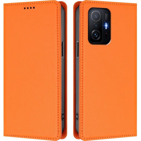 Custodia In Pelle Per Xiaomi 11T / Xiaomi 11T Pro, Custodia Magnetica In Finto Cuoio Con Supporto Arancione-image