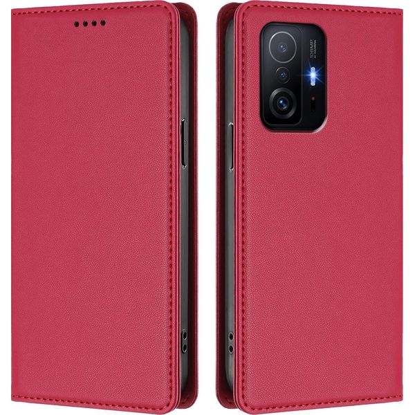 Custodia Per Xiaomi 11T / Xiaomi 11T Pro, Flip Cover In Finto Cuoio Antiurto Con Custodia Magnetica E Supporto Rosso-image