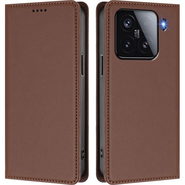 Custodia In Pelle Per Xiaomi 15, Flip Case Magnetico In Finto Cuoio Con Supporto Marrone-image
