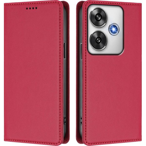 Custodia In Pelle Per Xiaomi Poco F6, Custodia Magnetica In Finto Cuoio Con Supporto Rosso-image