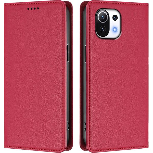Custodia Per Xiaomi Mi 11 Lite, Flip Cover In Finto Cuoio Antiurto E Magnetica Con Supporto Rosso-image