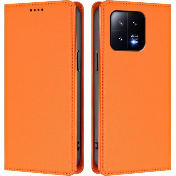 Custodia In Pelle Per Xiaomi 13, Flip Case Magnetico In Finto Cuoio Con Supporto Arancione-image