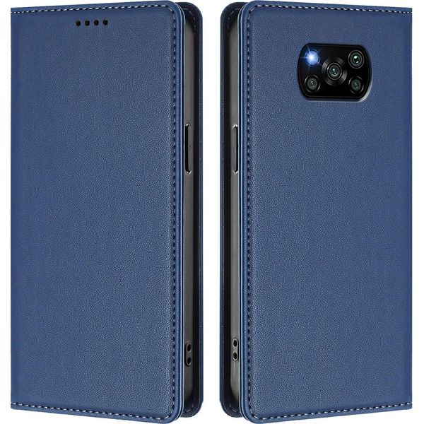 Custodia Per Xiaomi Poco X3/Poco X3 Nfc/Poco X3 Pro, Flip Cover In Finto Cuoio Antiurto Magnetica Con Supporto Blu Scuro-image