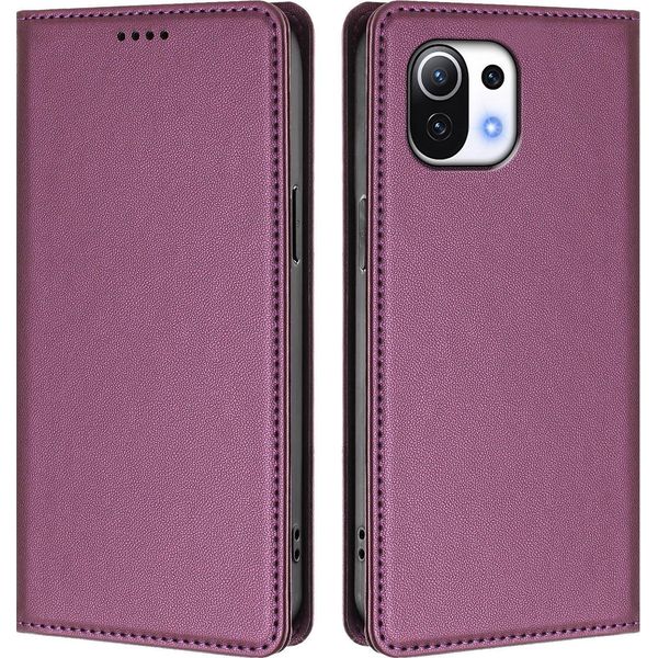 Custodia In Pelle Per Xiaomi Mi 11 Lite, Custodia Magnetica In Finto Cuoio Con Supporto Viola-image