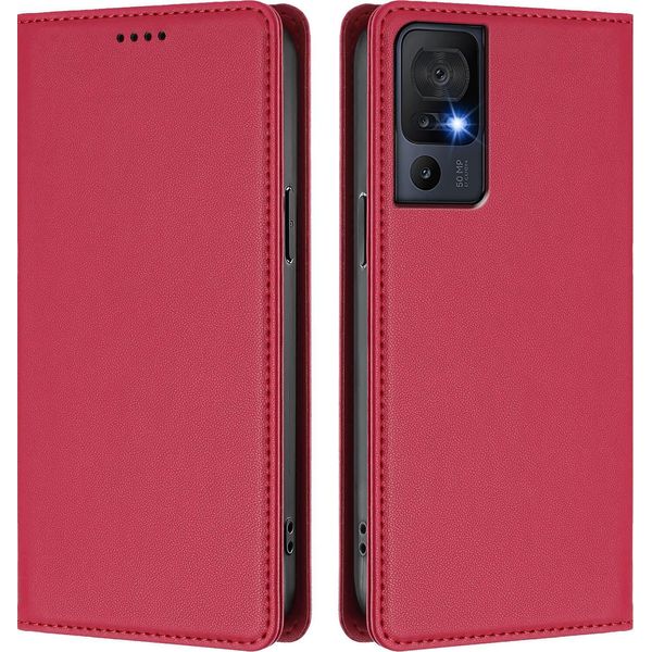 Custodia Per Telefono Cellulare Per Tcl 40 Se, Flip Cover In Finto Cuoio Antiurto Magnetica Con Supporto Rosso-image