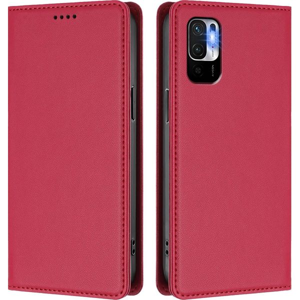 Custodia Per Xiaomi Poco M3 Pro/Redmi Note 10 5G, Flip Cover In Finto Cuoio Antiurto Magnetica Con Supporto Rosso-image
