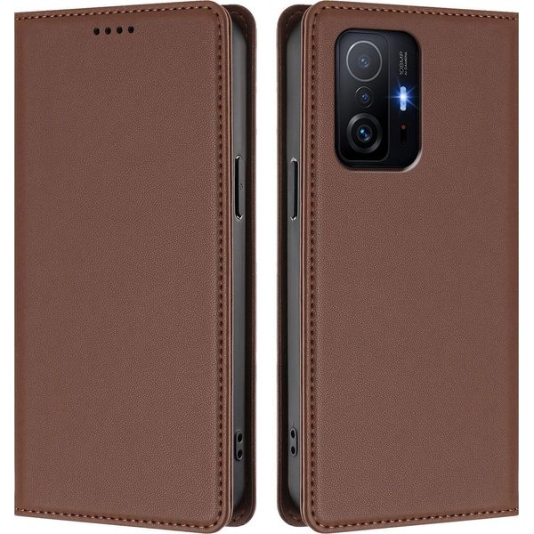 Custodia Per Xiaomi 11T / Xiaomi 11T Pro, Flip Cover In Finto Cuoio Antiurto Magnetica Con Supporto Marrone-image