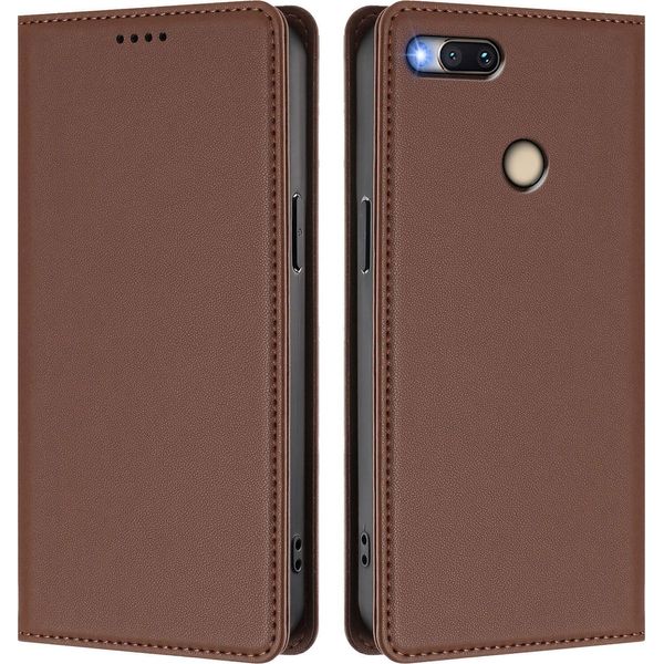 Custodia Per Xiaomi Mi A1 (Mi 5X), Flip Cover In Finto Cuoio Antiurto Magnetica Con Supporto Marrone-image