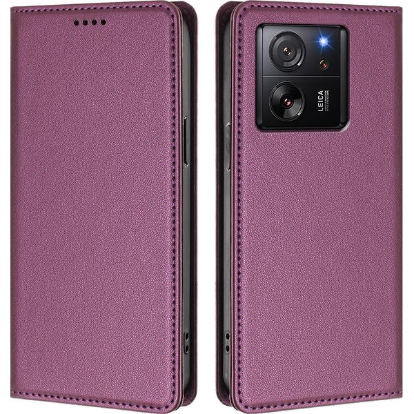 Custodia In Pelle Per Xiaomi 13T / Xiaomi 13T Pro, Custodia Magnetica In Finto Cuoio Con Supporto Viola-image