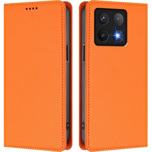 Custodia Per Xiaomi 14T Pro, Flip Cover In Finto Cuoio Antiurto Magnetica Con Supporto Arancione-image