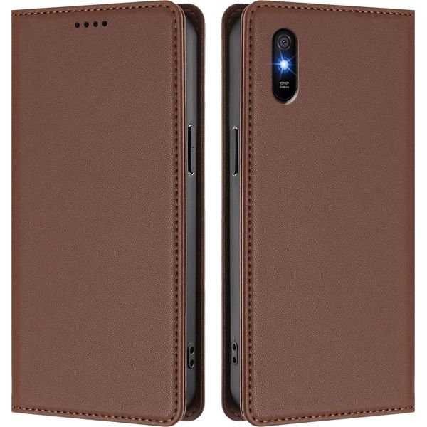 Custodia Per Xiaomi Redmi 9A, Flip Cover In Finto Cuoio Antiurto Magnetica Con Supporto Marrone-image