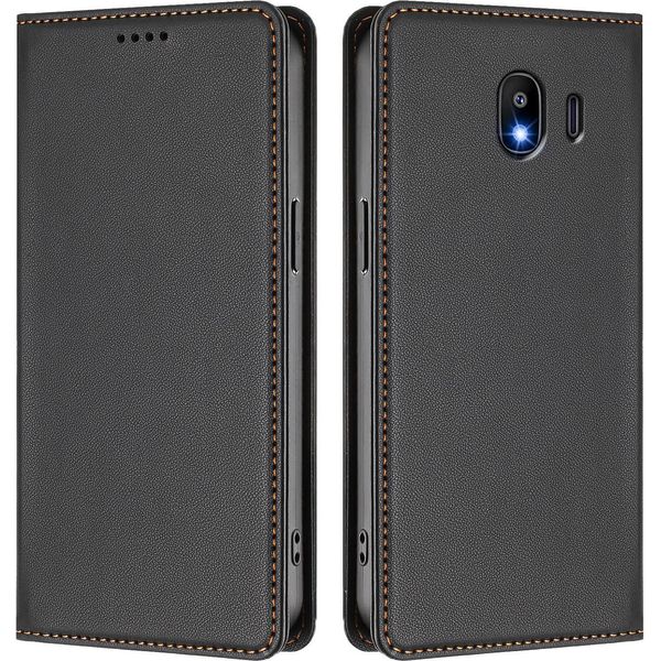 Custodia In Pelle Per Samsung Galaxy J4 2018, Flip Case Magnetico In Finto Cuoio Con Supporto Nero-image