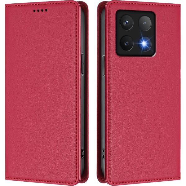 Custodia Per Xiaomi 14T Pro, Flip Cover In Finto Cuoio Antiurto E Magnetica Con Supporto Rosso-image