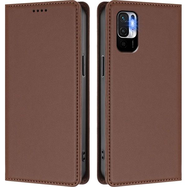 Custodia Per Xiaomi Poco M3 Pro/Redmi Note 10 5G, Flip Cover In Finto Cuoio Antiurto Magnetica Con Supporto Marrone-image