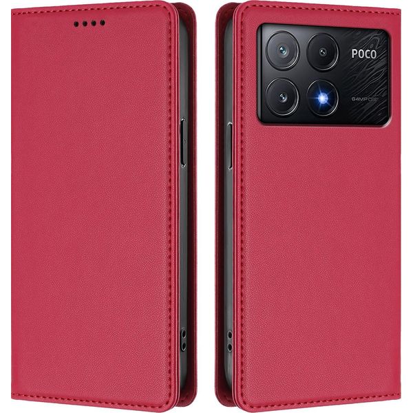 Custodia Per Xiaomi Poco X6 Pro, Flip Cover In Finto Cuoio Antiurto Magnetico Con Supporto Rosso-image