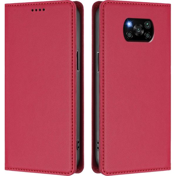 Custodia Per Xiaomi Poco X3/Poco X3 Nfc/Poco X3 Pro, Flip Cover In Finto Cuoio Antiurto Magnetica Con Supporto Rosso-image