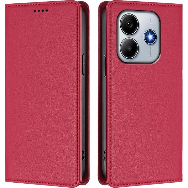 Custodia In Pelle Per Xiaomi Redmi Note 14 4G, Custodia Flip Magnetica In Finto Cuoio Con Supporto Rosso-image