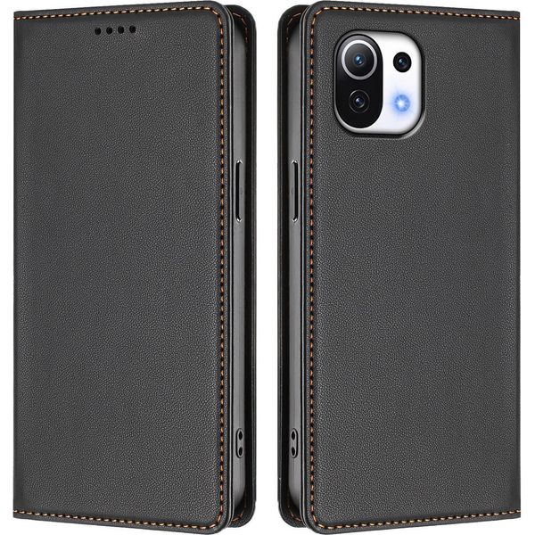 Custodia In Pelle Per Xiaomi Mi 11 Lite, Flip Case Magnetico In Finto Cuoio Con Supporto Nero-image