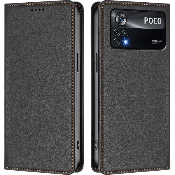 Custodia In Pelle Per Xiaomi Poco X4 Pro 5G, Flip Case Magnetico In Finto Cuoio Con Supporto Nero-image