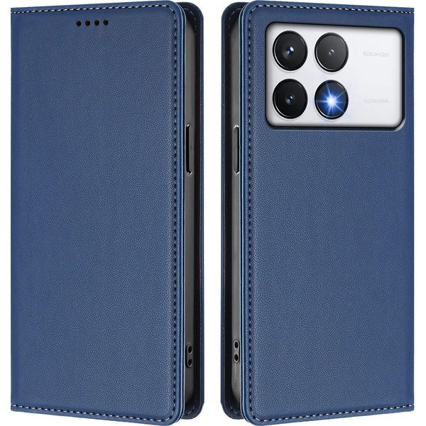 Custodia In Pelle Per Xiaomi Poco F6 Pro, Custodia Magnetica In Finto Cuoio Con Supporto Blu Scuro-image