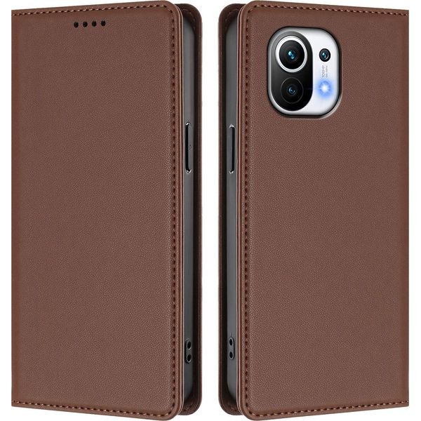 Custodia In Pelle Per Xiaomi Mi 11, Flip Case Magnetico In Finto Cuoio Con Supporto Marrone-image
