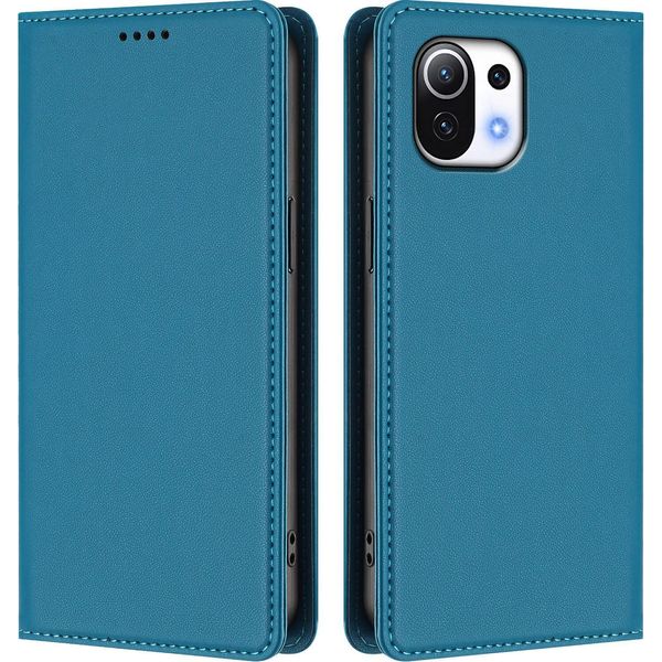 Custodia Per Xiaomi Mi 11 Lite, Flip Cover In Finto Cuoio Antiurto Magnetica Con Supporto Blu-image