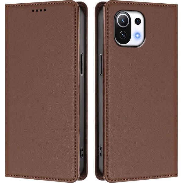 Custodia In Pelle Per Xiaomi Mi 11 Lite, Custodia Magnetica In Finto Cuoio Con Supporto Marrone-image