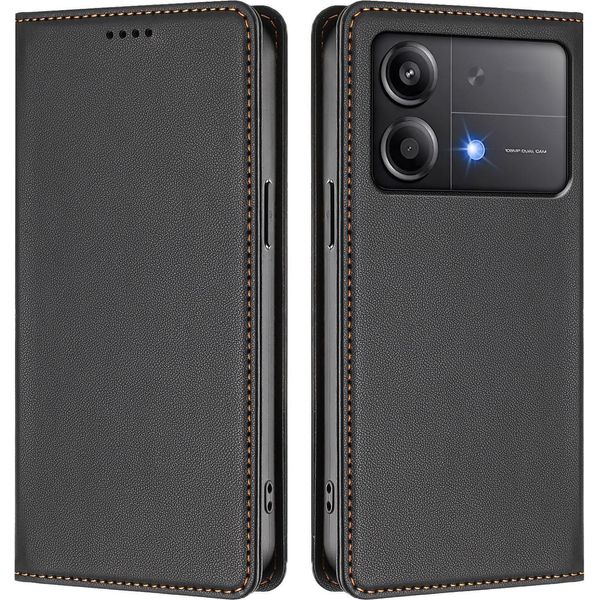 Custodia In Pelle Per Xiaomi Poco X6 Neo, Custodia Flip Magnetica In Finto Cuoio Con Supporto Nero-image