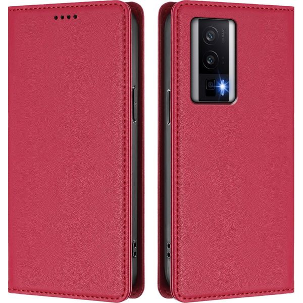Custodia In Pelle Per Xiaomi Poco F5 Pro/Redmi K60/K60 Pro, Custodia Magnetica In Finto Cuoio Con Supporto Rosso-image