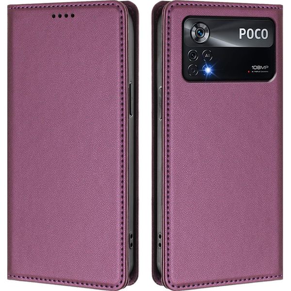 Custodia In Pelle Per Xiaomi Poco X4 Pro 5G, Custodia Magnetica In Finto Cuoio Con Supporto Viola-image